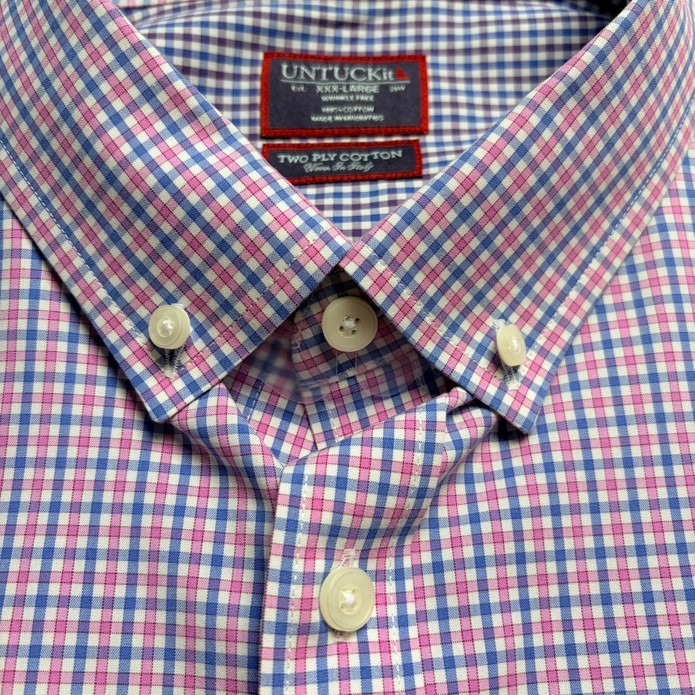 UNTUCKit Mens XXXL‎ Blue Pink Gingham Two Ply Cotton Button Down Shirt - Picture 4 of 6
